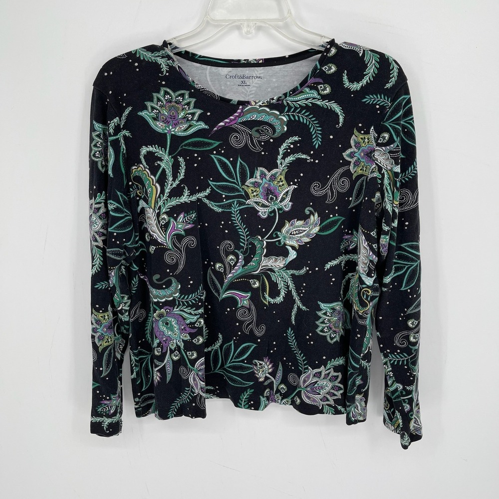 Croft & Barrow Women's Black Floral Paisley Long Sleeve Knit Boho Top Size XL